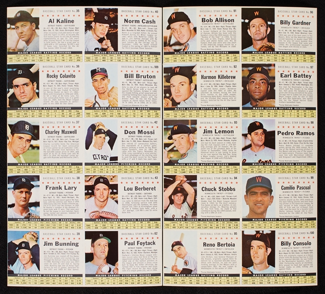 1961 Post Cereal Baseball Uncut Team Sheets Complete Set (16)