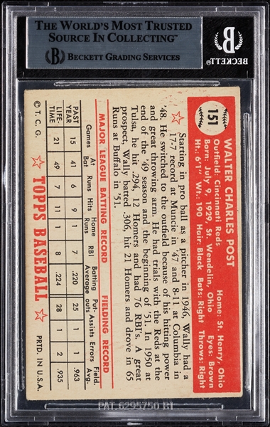 Wally Post Signed 1952 Topps No. 151 (BAS)