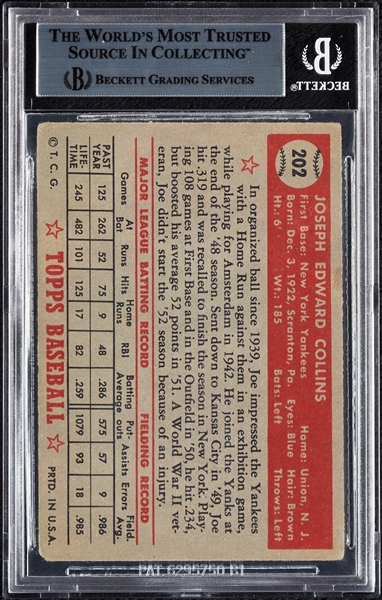 Joe Collins Signed 1952 Topps RC No. 202 (BAS)