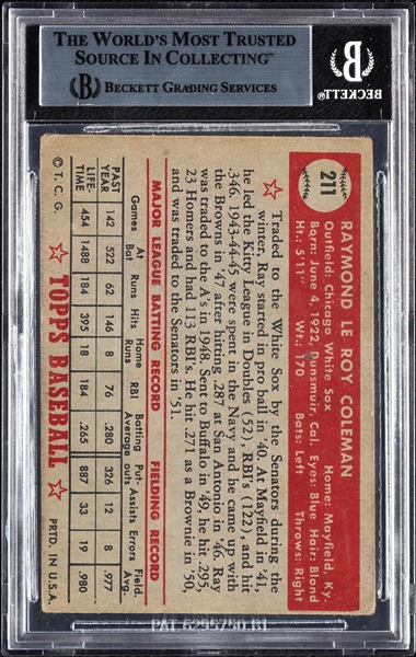 Ray Coleman Signed 1952 Topps No. 211 (BAS)