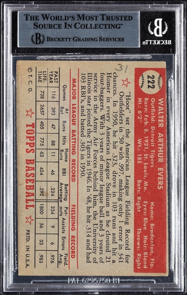 Hoot Evers Signed 1952 Topps No. 222 (BAS)