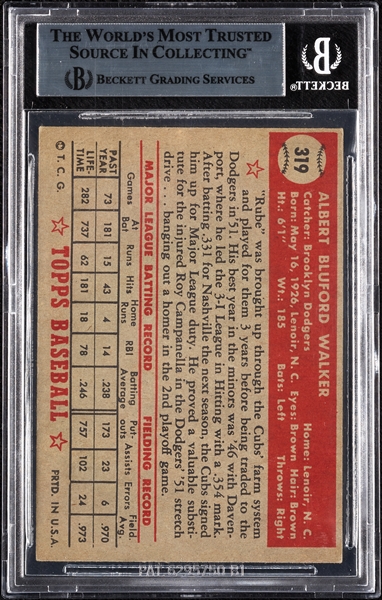 Rube Walker Signed 1952 Topps No. 319 (BAS)
