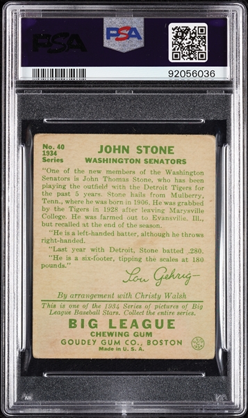 1934 Goudey John Stone No. 40 PSA 1.5