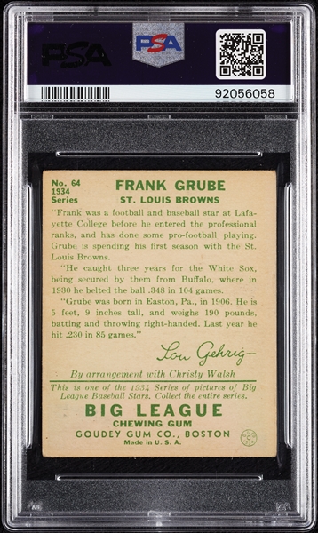 1934 Goudey Frank Grube No. 64 PSA 3.5
