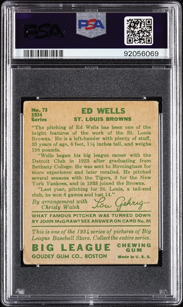1934 Goudey Ed Wells No. 73 PSA 3