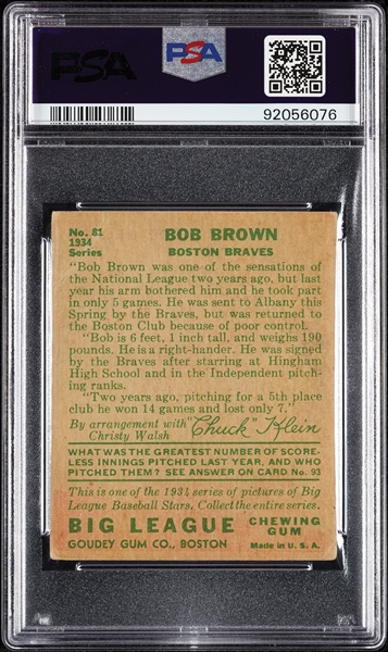 1934 Goudey Bob Brown No. 81 PSA 3