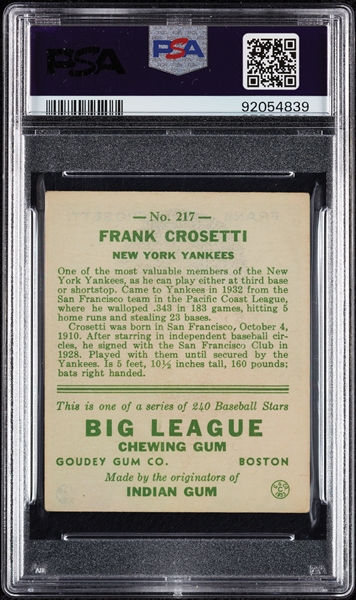 1933 Goudey Frank Crosetti No. 217 PSA 2