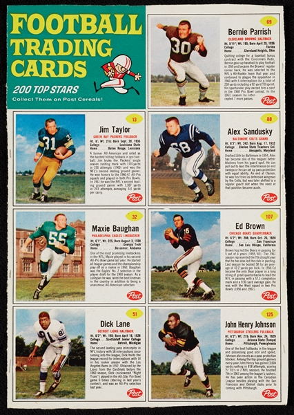 1962 Post Cereal Football Near Set in Complete or Partial Panels (48 Panels – 268 Cards)
