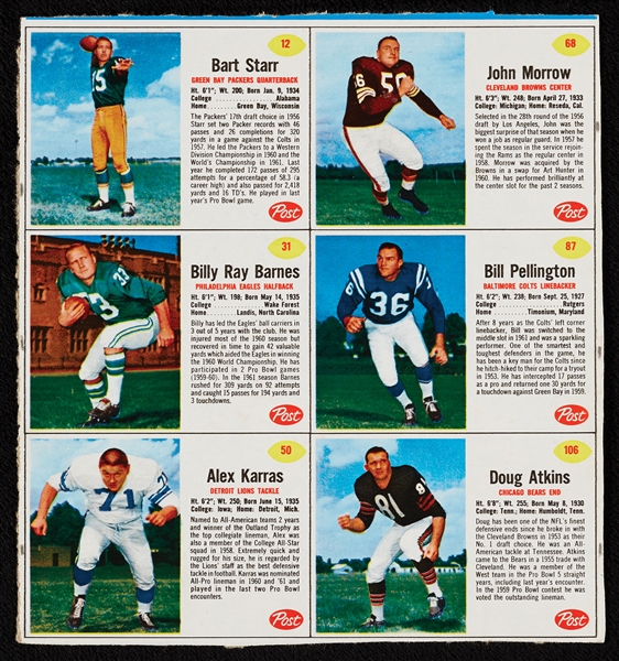 1962 Post Cereal Football Near Set in Complete or Partial Panels (48 Panels – 268 Cards)