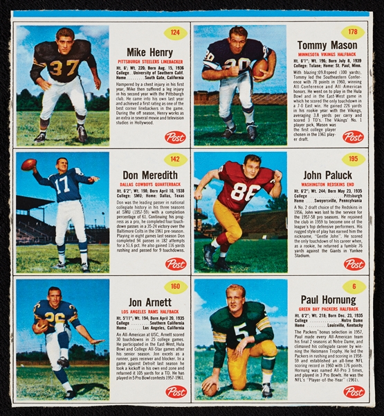 1962 Post Cereal Football Near Set in Complete or Partial Panels (48 Panels – 268 Cards)